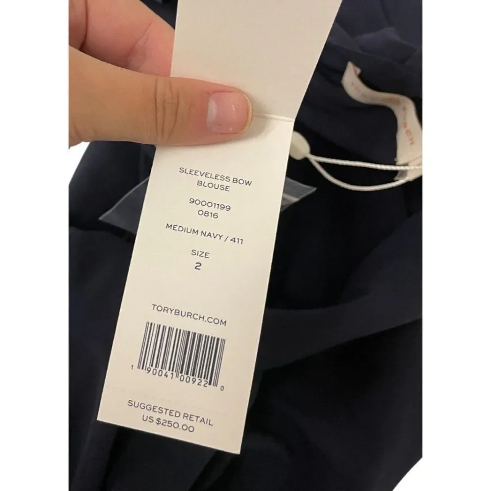 Tory Burch Womens Top Size 2 Navy Blue Sleeveless Bow Blouse High Neck NWT $250